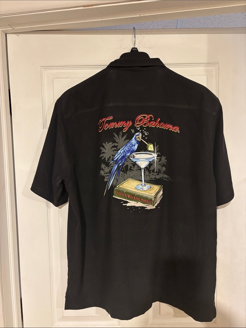 Tommy Bahama Black Short-Sleeve Camp Shirt with Blue Parrot & Cocktail Graphic